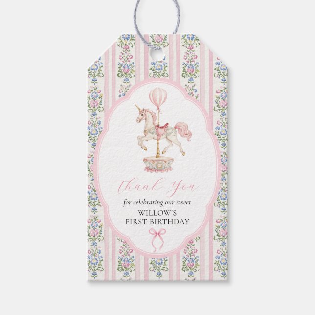 Carousel Pink First Birthday Gift Tags (Front)