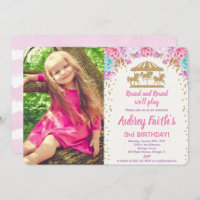 Carousel pink gold teal photo birthday invitation
