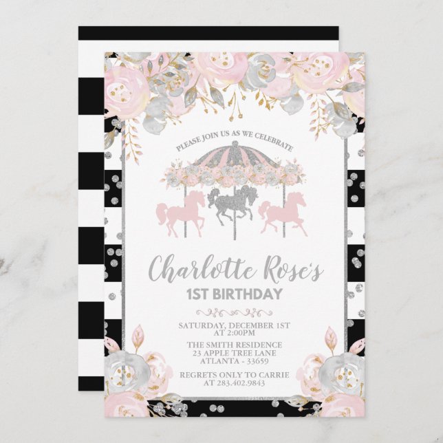 Carousel Pink Silver First Birthday Invitation (Front/Back)