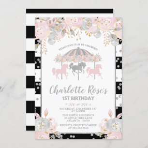 Carousel Pink Silver First Birthday Invitation