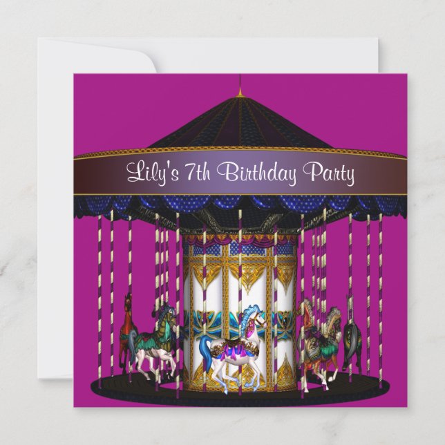 Carousel Ponies Girls 7th Birthday Party Invitation (Front)