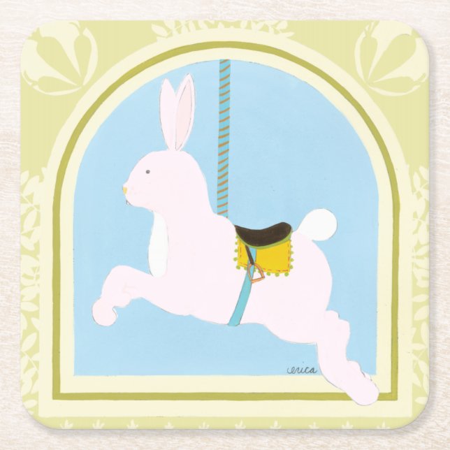 Carousel Rabbit by June Erica Vess Square Paper Coaster (Front)