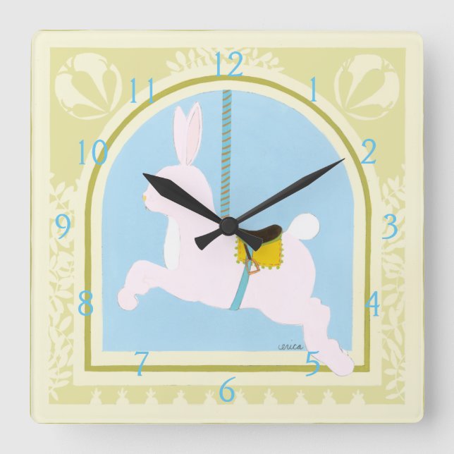Carousel Rabbit by June Erica Vess Square Wall Clock (Front)