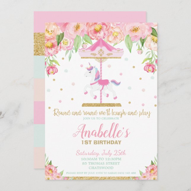 Carousel Unicorn 1st Birthday Pink Floral Girl Invitation (Front/Back)