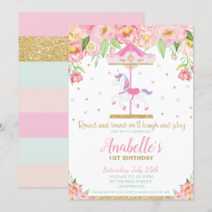 Carousel Unicorn 1st Birthday Pink Floral Girl Invitation