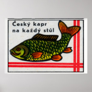 Carp Fish Matchbox Art Print, Czech Vintage Folk Poster