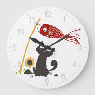 Carp streamer happy cat - Choose background color Large Clock