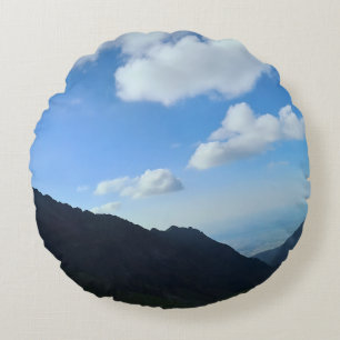 Carpathian Blue Sky Peaks – Romania Mountain Art Round Cushion
