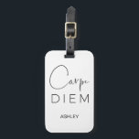 CARPE DIEM | Black Hand Lettered Name Typography Luggage Tag<br><div class="desc">Sieze the day! This is it! Make your life extraordinary! A white luggage tag with "Carpe Diem" in two black fonts: a gorgeous, sexy hand-lettered script calligraphy typography, and a beautiful, light, elegant sans serif. Personalised with name below. The back of the card features a slot for your business card....</div>