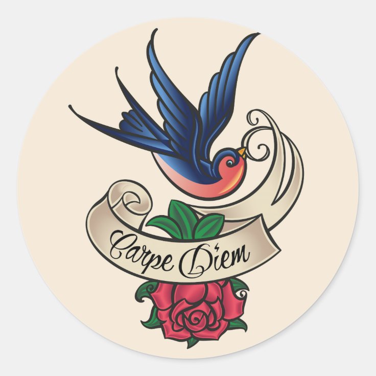 Carpe Diem Bluebird Tattoo Classic Round Sticker | Zazzle