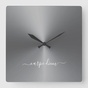 Carpe Diem Dark Grey Metallic Style Acrylic Square Wall Clock