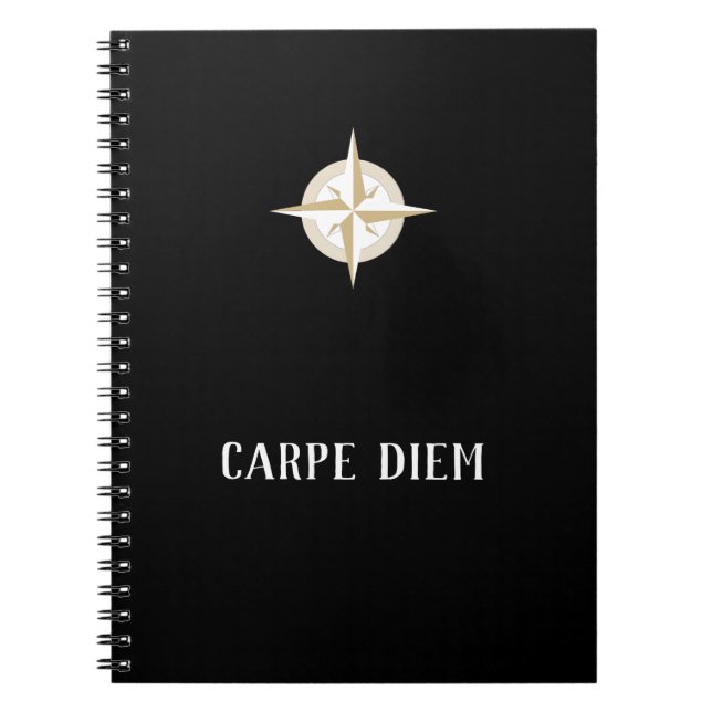 Carpe Diem on Black with Gold White Compass Notebook (Front)