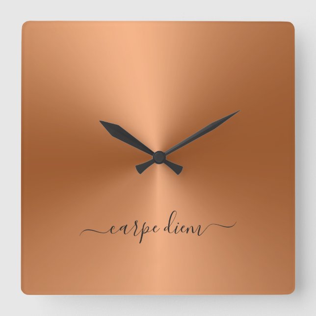 Carpe Diem Orange Metallic Style Acrylic Square Wall Clock (Front)
