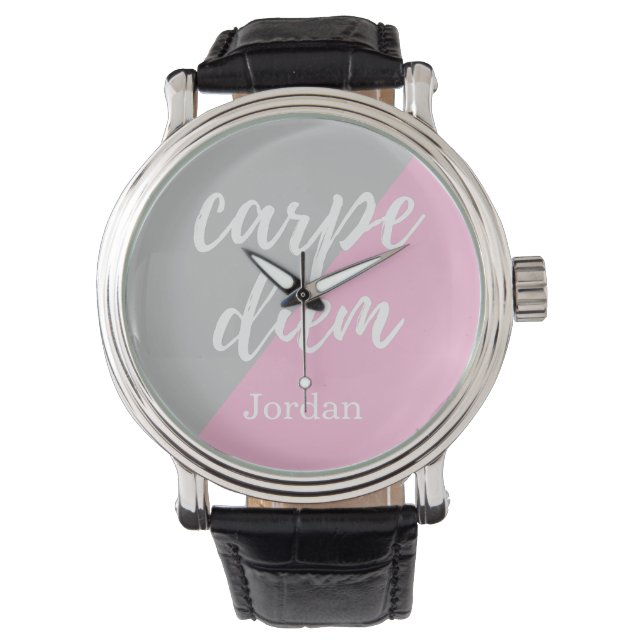 "Carpe Diem" Personalised Pink Grey Graduation Wat Watch (Front)