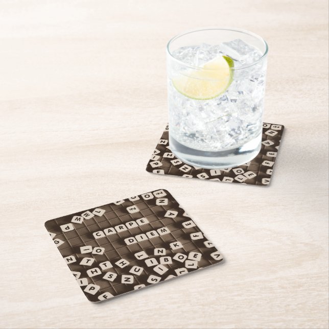 Carpe Diem Scrambled Letter Tiles Square Paper Coaster (Insitu)