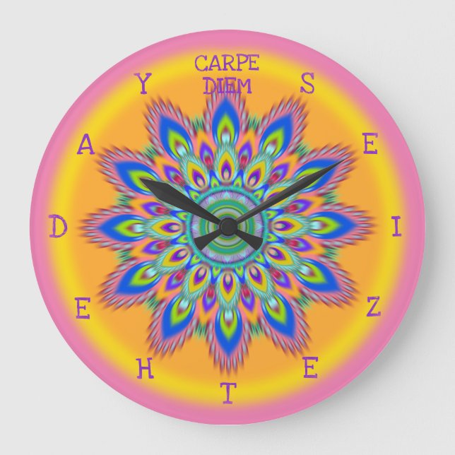 Carpe Diem seize the day Mandala wall clock. Large Clock (Front)