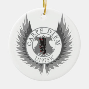 Carpe Diem with Crest, Wings & Lyon Ceramic Ornament