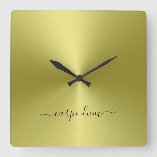 Carpe Diem Yellow Metallic Style Acrylic Square Wall Clock (Front)