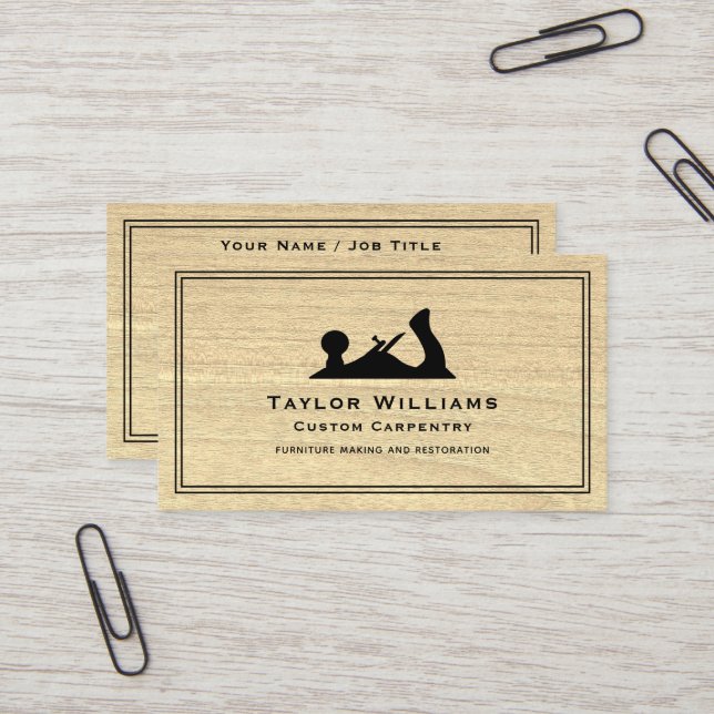 Carpenter Carpentry Rustic Wood Wooden Hand Plane Business Card (Front/Back In Situ)