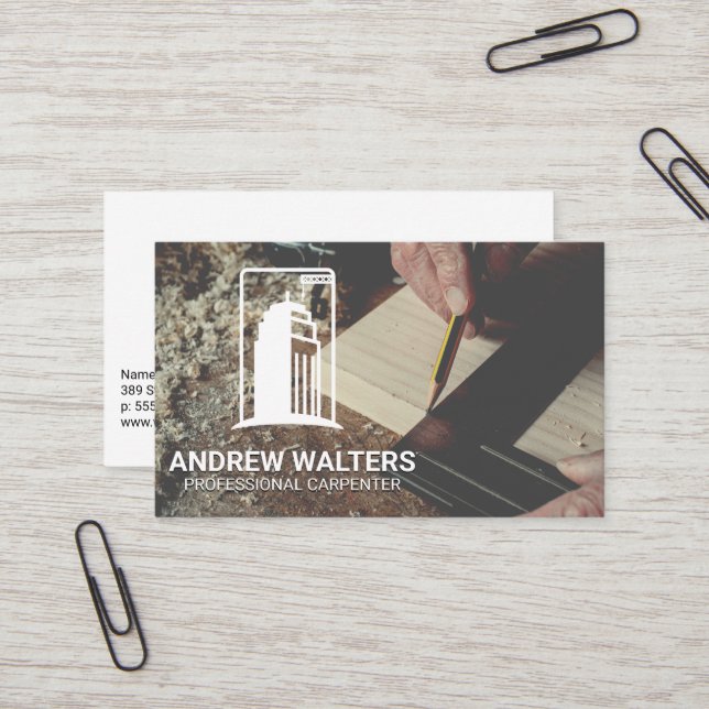Carpenter Measuring a Cut of Wood | Construction Business Card (Front/Back In Situ)