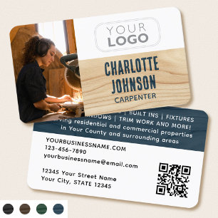 Carpenter Photo Logo Rustic Woodgrain Blue Modern Business Card