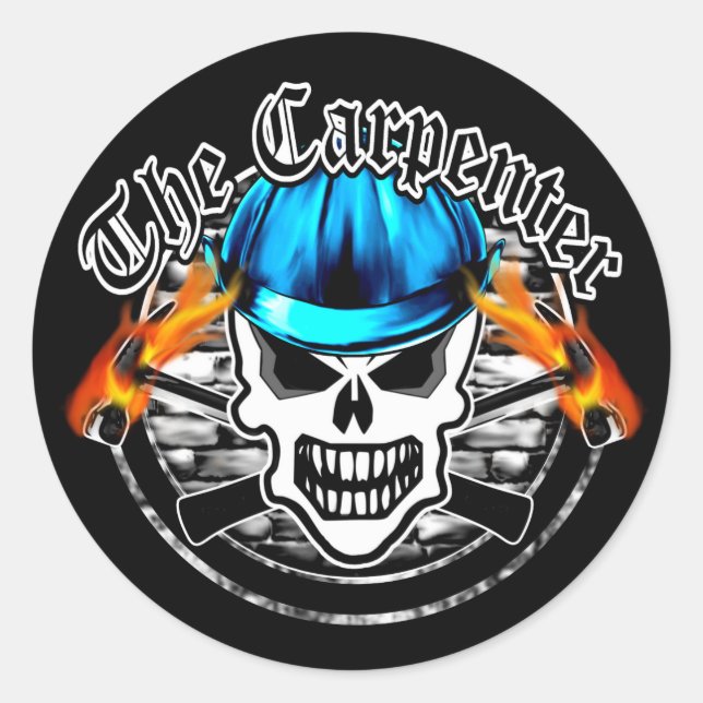 Carpenter Skull and Blue Hard Hat Classic Round Sticker (Front)
