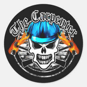 Carpenter Skull and Blue Hard Hat Classic Round Sticker