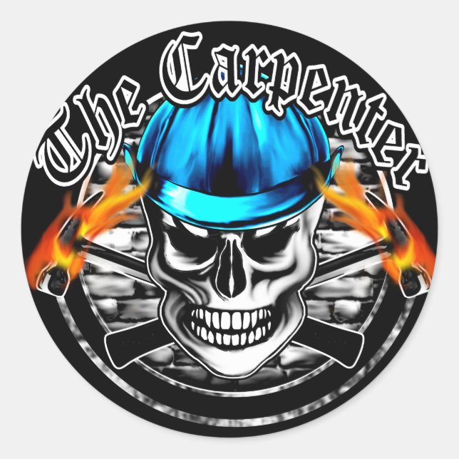 Carpenter Skull and Blue Hard Hat Classic Round Sticker (Front)
