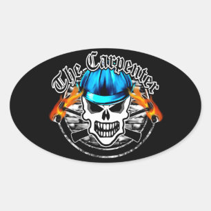 Carpenter Skull and Blue Hard Hat Oval Sticker