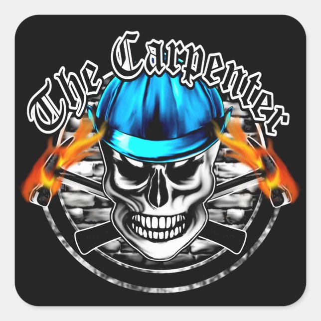 Carpenter Skull and Blue Hard Hat Square Sticker (Front)