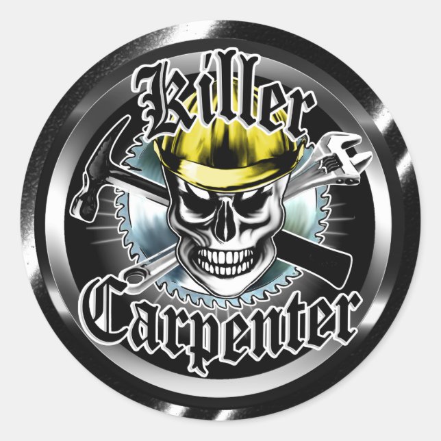 Carpenter Skull with Yellow Hard: Killer Carpenter Classic Round Sticker (Front)