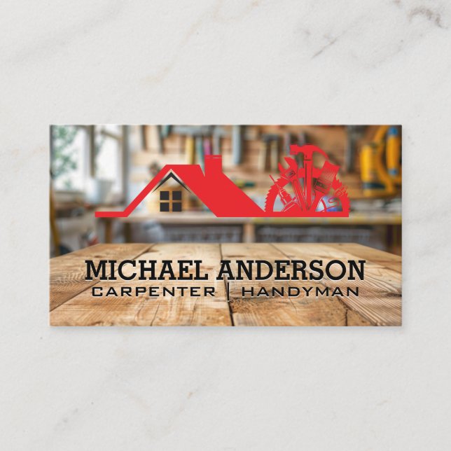 Carpenter Tools in Work Shop | Home Fixes Business Card (Front)