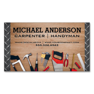 Carpenter Tools on Wooden Table Metal Steel Magnetic Business Card