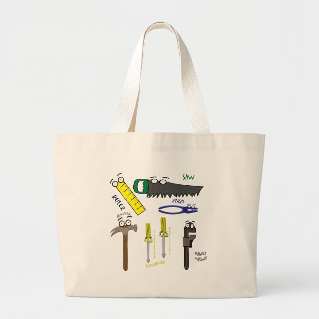 Carpenter Tools Whimsical Cartoon Art Large Tote Bag (Front)