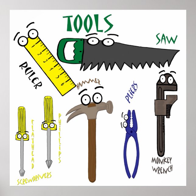 Carpenter Tools with Eyes Cartoon Art Poster (Front)