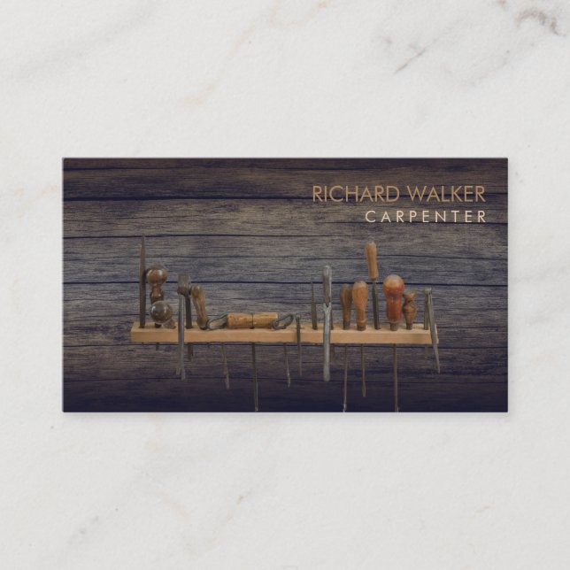 Carpenter Tools Woodwork Professional Rustic Wood Business Card (Front)