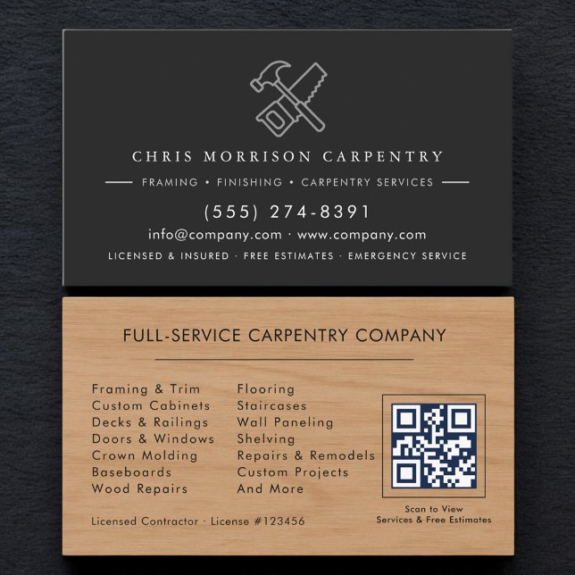 Carpentry Carpenter Wood QR Code Modern Business Card (Creator Uploaded)