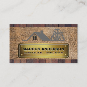 Carpentry Logo   Gold Riveted Plate   Wood Leather Business Card