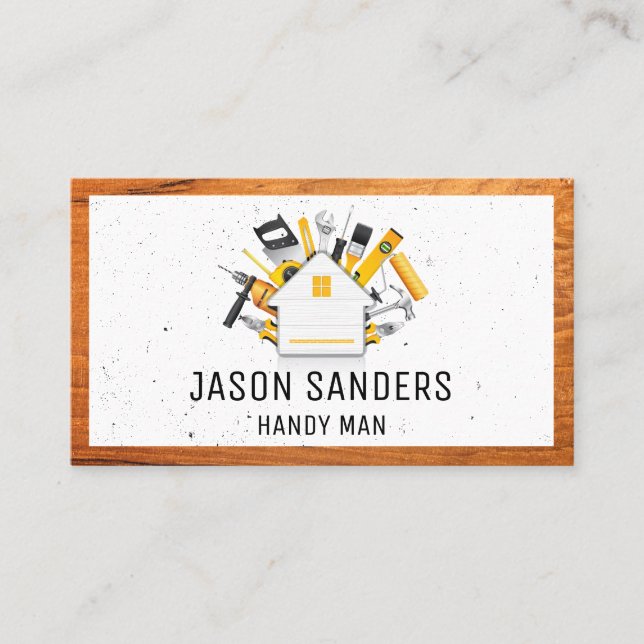 Carpentry Tools and Home Icon | Wood Frame Business Card (Front)