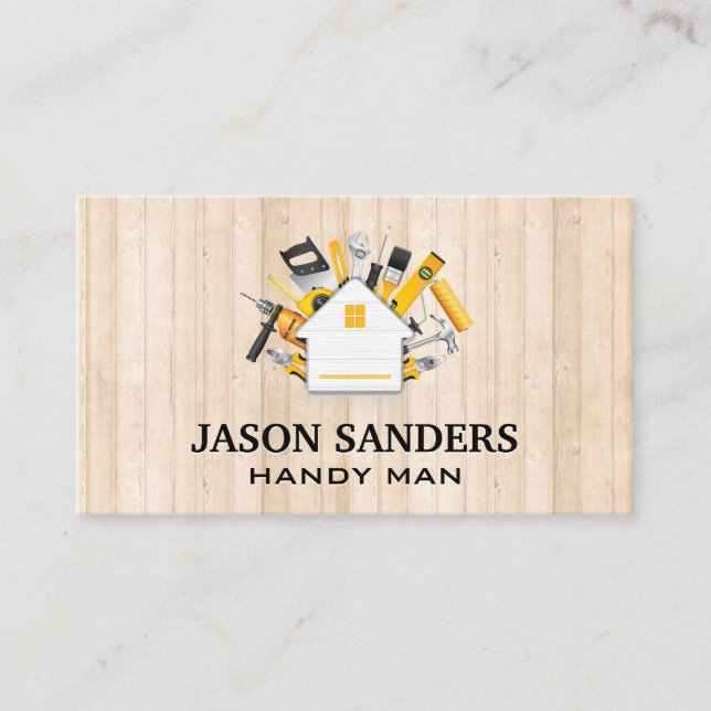 Carpentry Tools and Home Icon | Wood Slats Business Card (Front)