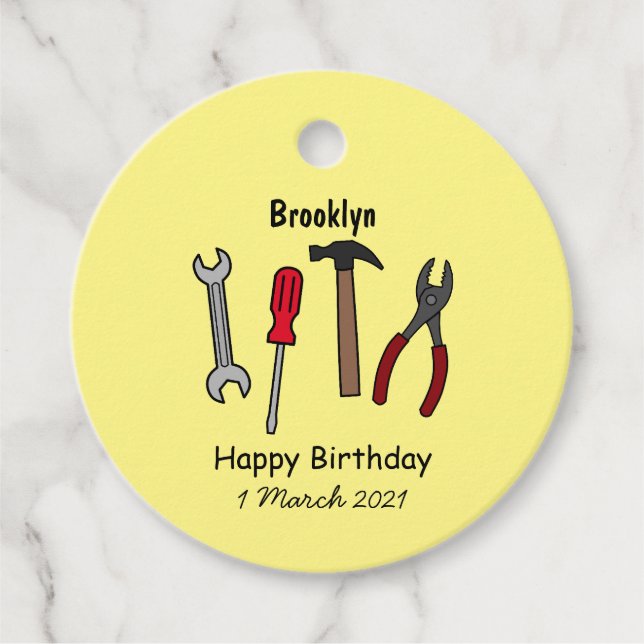 Carpentry tools cartoon illustration favour tags (Front)