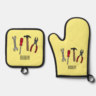Carpentry tools cartoon illustration oven mitt & pot holder set