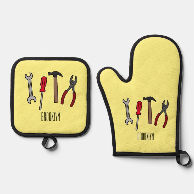 Carpentry tools cartoon illustration  oven mitt & pot holder set (Front)