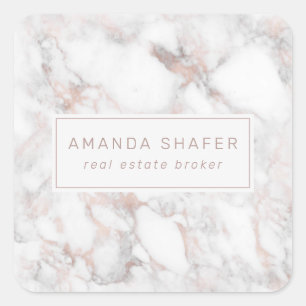 Carrara Marble Faux Rose Gold Name Badge Square Sticker