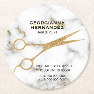 Carrara Marble Gold Scissor Hair Stylist Address Round Paper Coaster