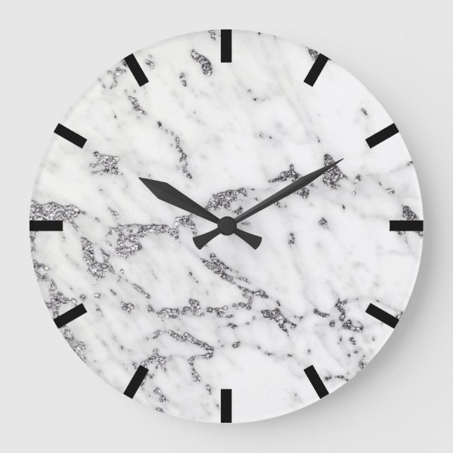 Carrara Marble Gray Silver  Black White Stone Large Clock (Front)