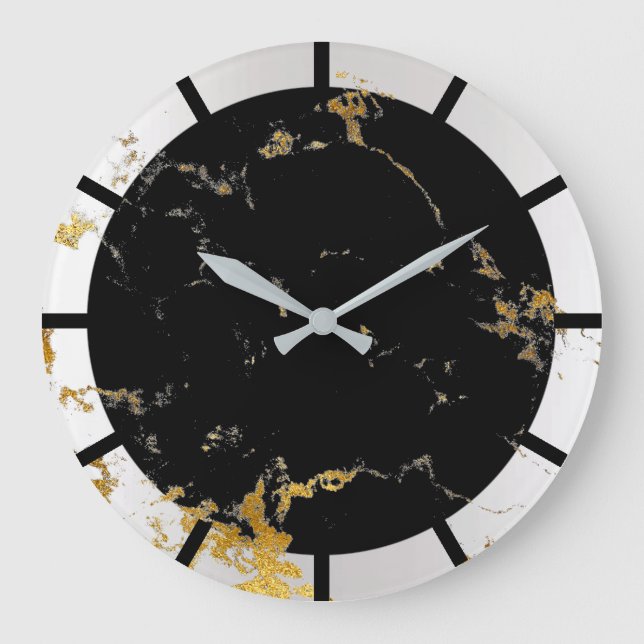 Carrara Marble White Lux Gold Black Stone Gray Large Clock (Front)
