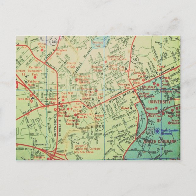 Carrboro, NC Vintage Map Postcard (Front)