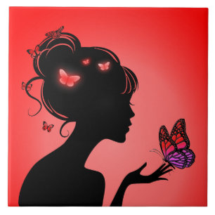Carreau The woman butterflies red Ceramic Tile