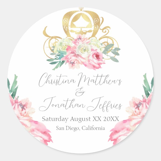 Carriage and Pink Flowers Fairy Tale Wedding Classic Round Sticker (Front)